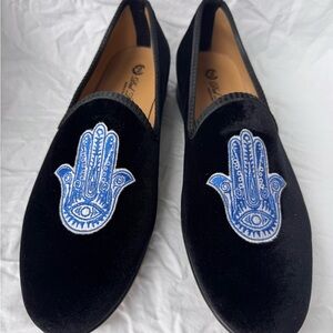 Del Toro Blue Velvet Slip-On Loafers with Blue Hamsa Motif Italian Made